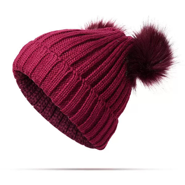 Womens Fur Ball Cap Pom Pom Beanie Cap Knitted Winter Warm Soft Caps