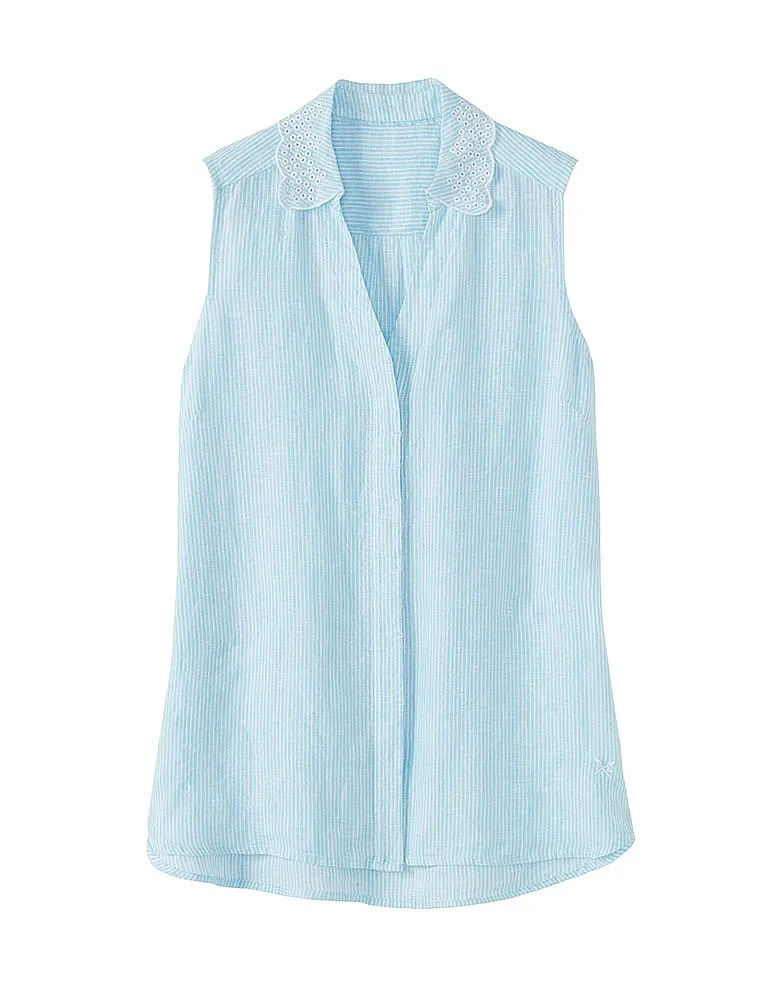 Women's Malbay Sleeveless Linen Broderie Shirt in Aquamarine/Optic White from Crew Clothing