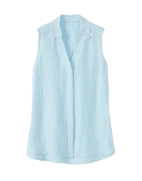 Women's Malbay Sleeveless Linen Broderie Shirt in Aquamarine/Optic White from Crew Clothing