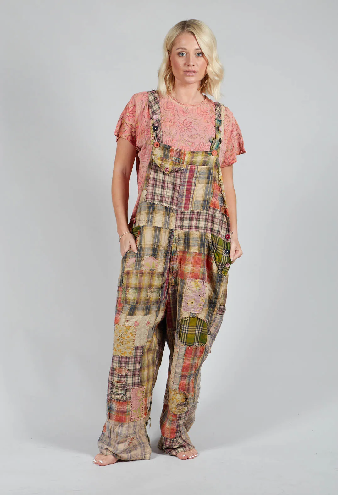 YD Patchwork Love Overalls in Madras Green