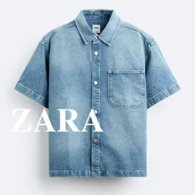 ZARA  |Denim Short Sleeves Shirts